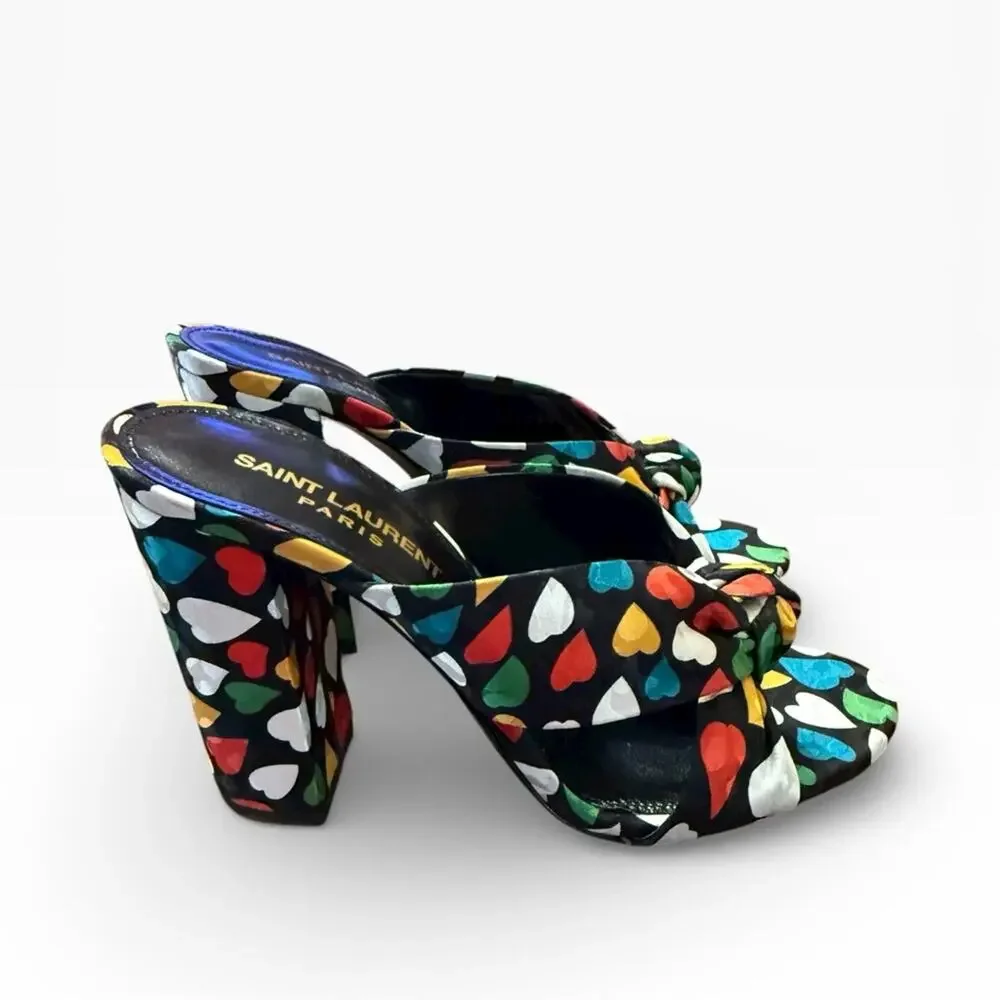 Saint Laurent Bianca 100 Black Heart Knotted Mule Sandals Block Heel 36.5 US 6.5 - Picture 4 of 14